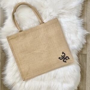 Tan Jute Tote Bag with Black Logo